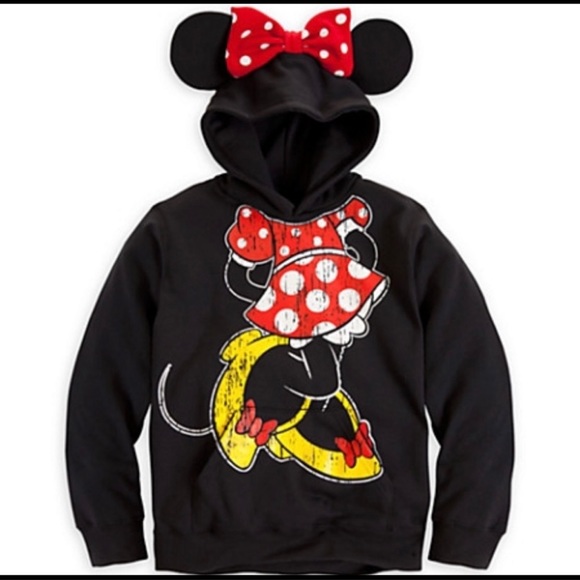 Disney Parks Minnie Mouse Ears Hoodie Black Distressed Graphic. Size Medium